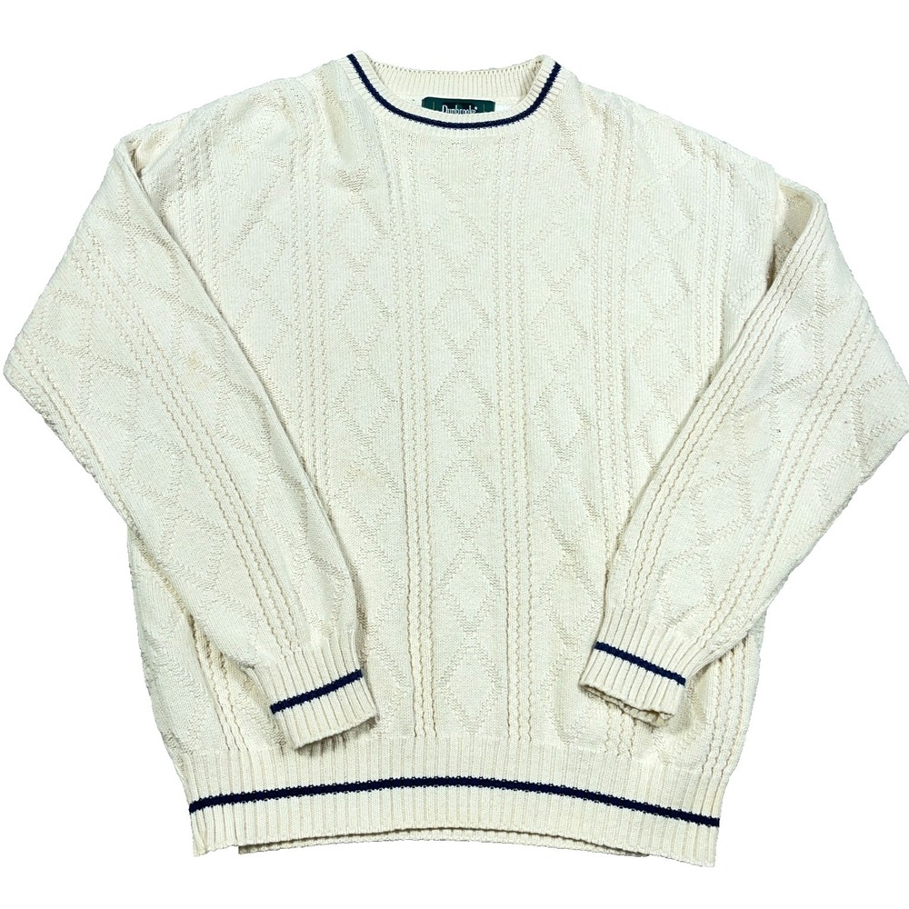 Vintage Grandpa Sweater Men Large Cream White Crewneck Textured Cotton Rib 90s